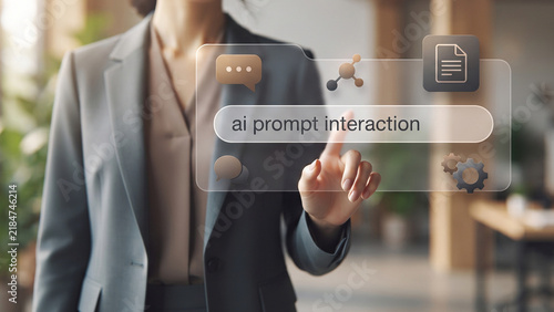 Professional woman using floating AI search interface with text AI prompt interaction and icons in modern office, AI productivity, prompt writing workspace