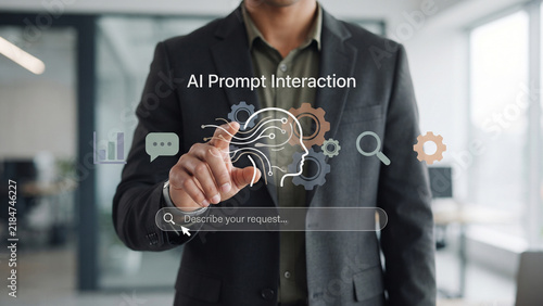 Businessman hand touching floating text AI prompt interaction and icons in office, AI productivity, prompt writing technology