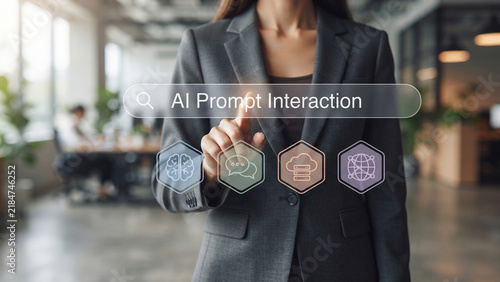 Professional woman tapping AI search bar with text AI prompt interaction and icons, AI productivity, prompt writing enterprise concept