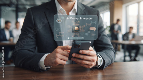 Professional man typing AI query on smartphone with floating text AI prompt interaction and icons interface, AI productivity, prompt writing mobile workflow