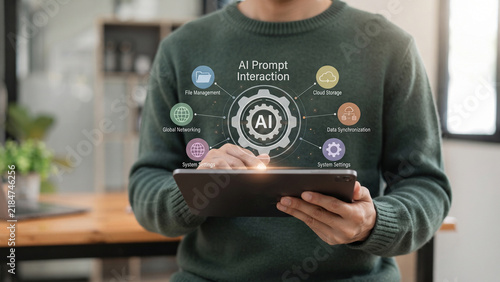 Professional person holds tablet with connected text AI prompt interaction and icons, AI productivity, prompt writing