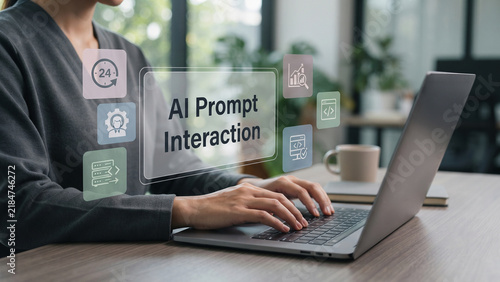 Professional woman typing on laptop with floating AI workflow panel with text AI prompt interaction and icons, AI productivity, prompt writing automation