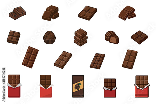 Vector illustration of various chocolate bars and truffles arranged in different styles. The image features chocolate pieces, wrapped and unwrapped bars, and decadent truffles.