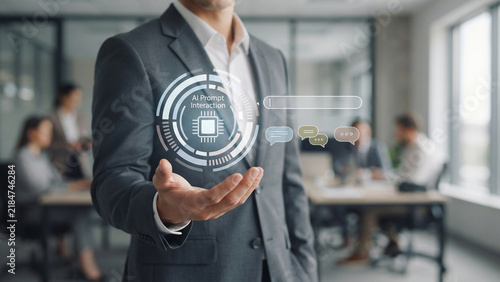 Professional man holds AI with text AI prompt interaction and icons above palm, AI productivity, prompt writing