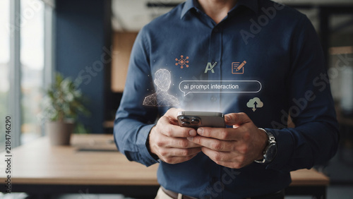 Professional man holds smartphone with text AI prompt interaction and icons interface, AI productivity, prompt writing