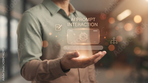 Professional man hand presents with text AI prompt interaction and icons interface, AI productivity, prompt writing