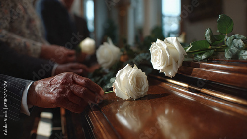 Emotional tribute at  funeral with white flow,funeral home websites, memorial service brochures, grief support publications, funeral service advertising, remembrance articles, estate planning websites