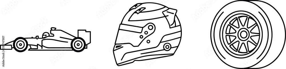 Obraz premium Formula 1 Racing, Racing Helmet, and Motorsport Wheel Line Icons Set