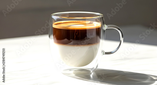 Layered coffee drink in double walled glass cup standing on white table surface