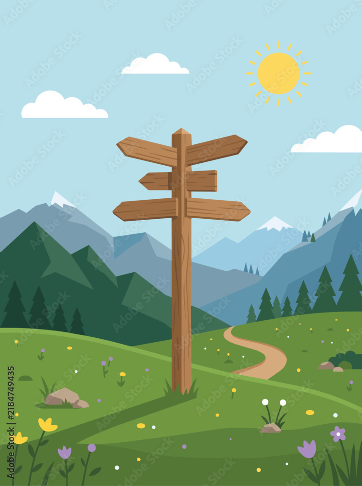Obraz premium Wooden signpost on a mountain trail through peaceful green meadow with alpine peaks, pine trees, wildflowers, winding path, blue sky and sunny summer landscape vector illustration.