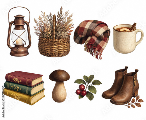 Set of cozy autumn elements with books lantern and dried flowers