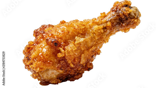 Bild auf Leinwand Crispy golden fried chicken drumstick with crunchy breading, isolated on transpa