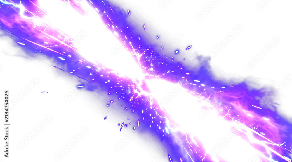 Obraz premium Vibrant purple and magenta 3D energy burst with electric lightning arcs and smoke, isolated on transparent background, perfect for sci-fi game assets and digital art.
