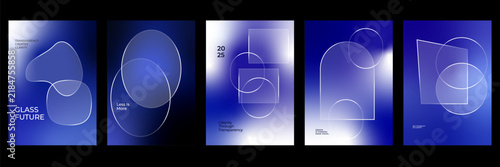 Abstract Blue Glass Poster Set with Glowing Linear Accents, Circular Light Forms and Dimensional Orb Compositions for Modern Flyer and Presentation Design Vector Illustration