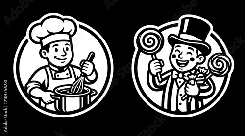 Retro chef and candy maker circular line art emblems.