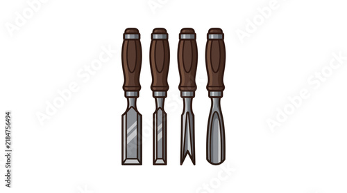 Set of four diverse wood carving chisels.