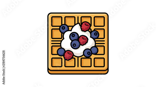 Square waffle topped with cream blueberries and raspberries top view.
