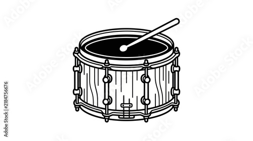 Stylized wooden field drum with a single drumstick hitting the head.