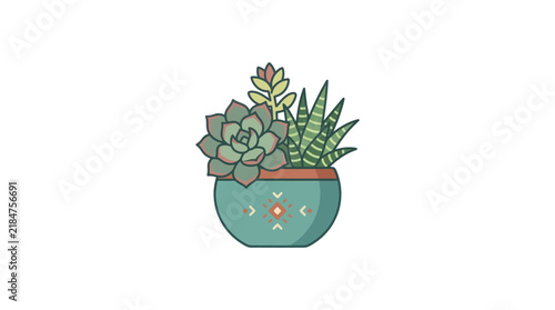 Succulent plant arrangement in a decorative teal ceramic pot.