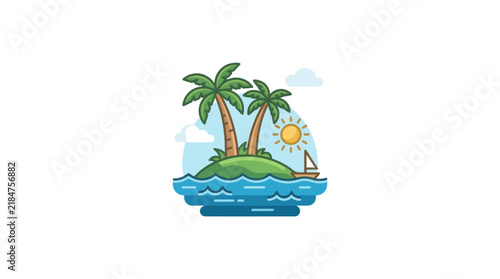 Tropical island with palm trees and sun.