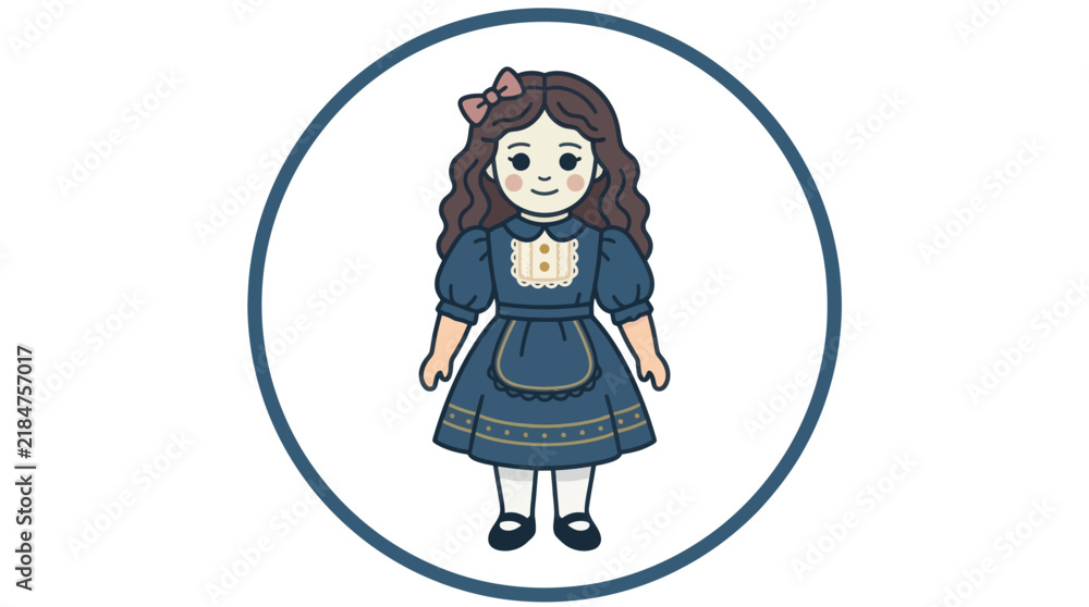 Fototapeta premium Vintage girl doll in blue dress within circle frame.