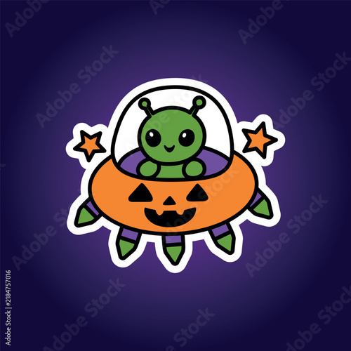 Foto Adorable green alien traveling inside a pumpkin-shaped spaceship surrounded by colorful stars, combining Halloween imagery with a playful outer space theme
