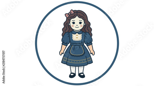Vintage girl doll in blue dress within circle frame.