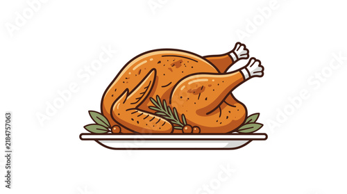 Whole roasted turkey on a white platter with herb garnish.
