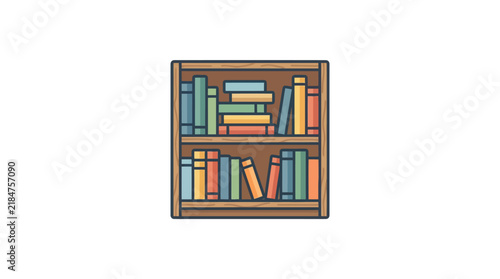 Wooden bookshelf with various colorful books.