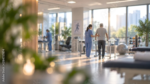 Female nurse assisting elderly patient walking with parallel bars in bright rehabilitation clinic