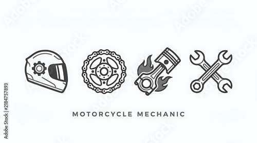 Motorcycle mechanic icons set with engine parts.
