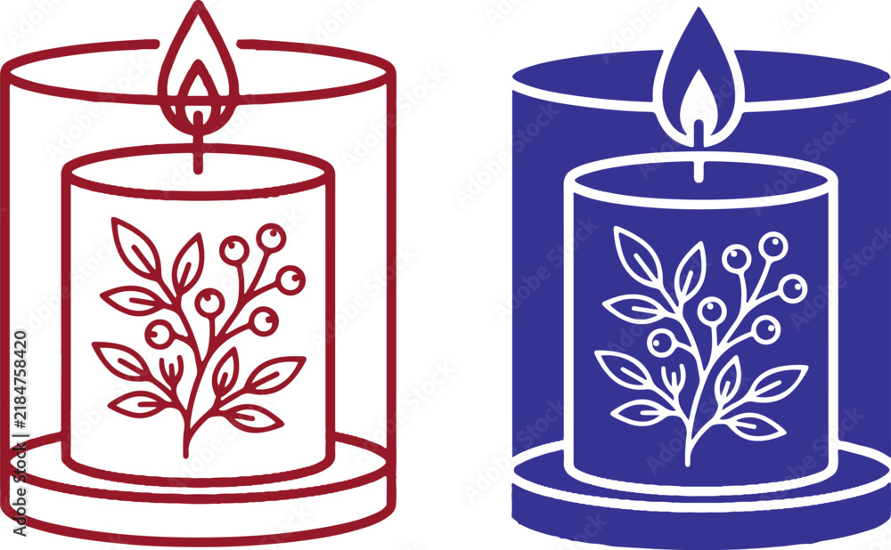 Obraz premium Aromatic candle with botanical leaves pattern in glass holder line art and solid icons
