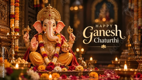 Serene Lord Ganesha Idol in a Festive Ambiance with Glowing Lamps, Incense, and Flowers, Celebrating Happy Ganesh Chaturthi.