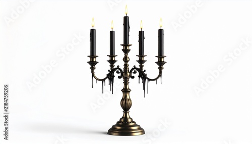Ornate vintage bronze candelabrum holding five black candles with melted wax, elegant gothic candlestick isolated on white studio background for dark decor