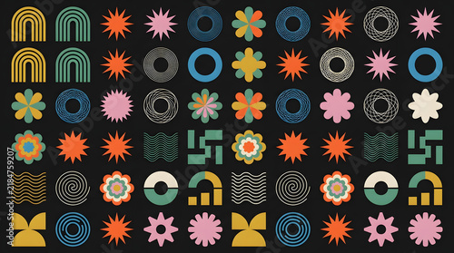 Abstract geometric pattern with colorful stylized floral shapes on dark