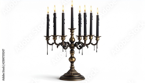 Vintage ornate bronze candelabra with nine burning black candles, melted wax dripping from each candle, dramatic gothic decor object isolated on white background