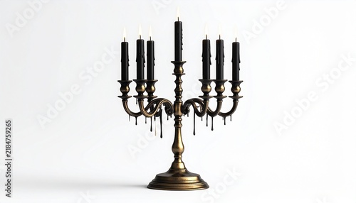 Antique brass candelabrum with nine tall black unlit candles, curved arms, wax drips and classic metal base isolated on a clean white studio background for vintage decor