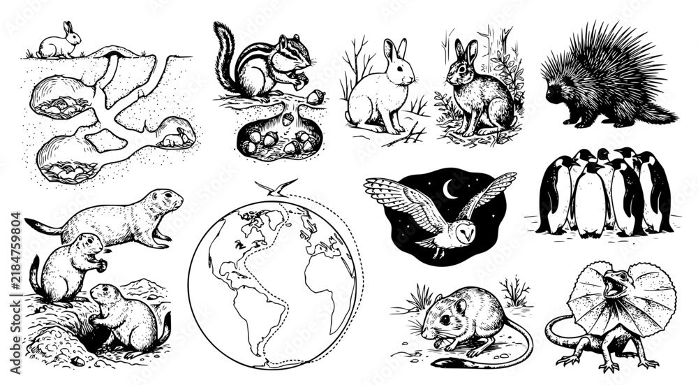 Obraz premium Set of wild animals and habitats including burrows penguins owl and globe showing migration patterns in detailed black and white pen and ink style illustration for nature study