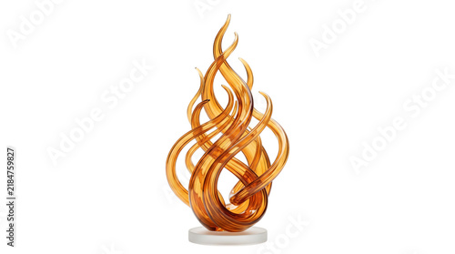 Amber glass flame sculpture. Abstract swirling blown glass artwork on white background