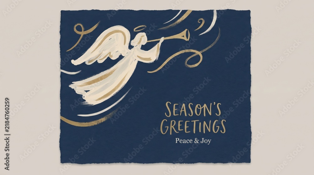 Fototapeta premium painted angel blowing trumpet with golden swirls on dark blue background. season's greetings text. christmas and new year celebration. winter holiday greeting card.