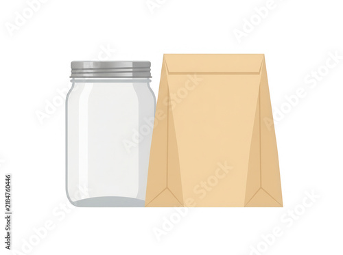 Frasco de vidrio vacío y bolsa de papel kraft