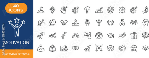 Motivation line icon set. Positive, obstacle, teamwork, personal growth, etc. Editable stroke. Vector illustration.