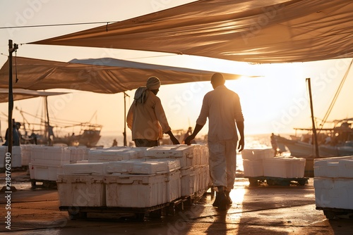 Workers moving insulated crates at sunset fish port