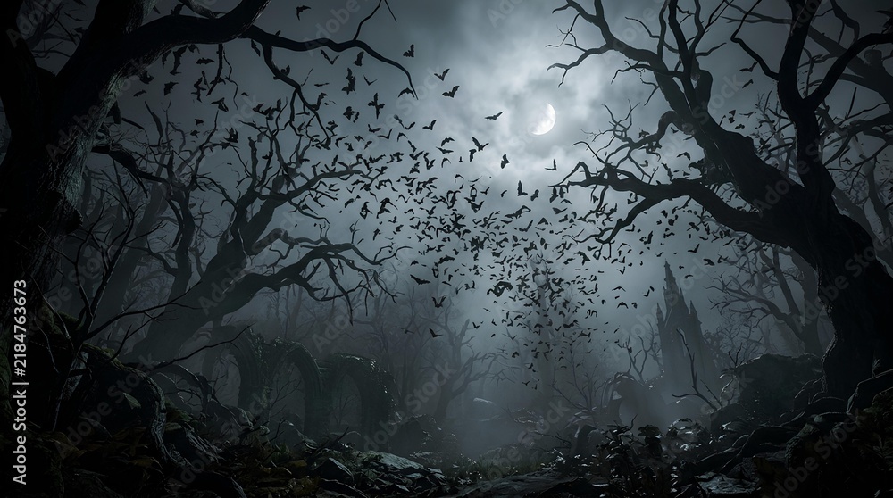 Obraz premium Spooky night forest with bats flying under full moon