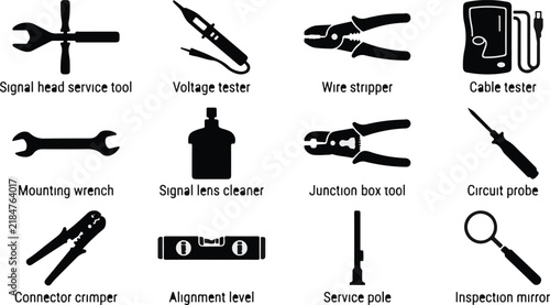 Electrical and Signal Service Tools Vector Silhouette Icon Set with Labels