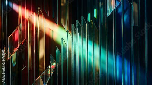 Light beams shining through structured vertical glass panels with vertical