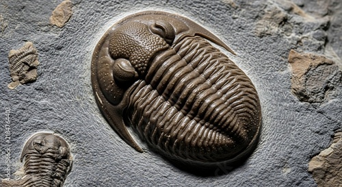 Fossilized trilobite on rocky surface closeup.