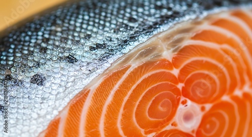 Fresh salmon fillet with scales closeup.