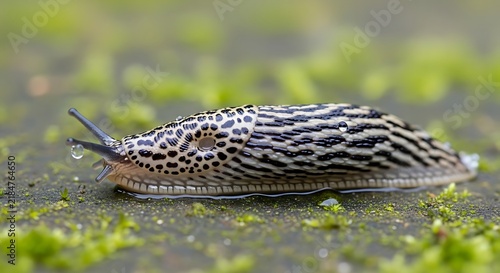 Garden slug on wet soil surface.
