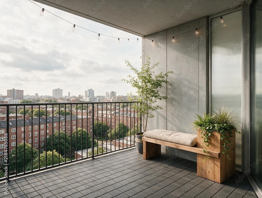 Naklejka premium Balcón moderno con banco de madera, plantas decorativas y vistas panorámicas del horizonte urbano. Terraza con barandilla y pasamanos metálico con asiento y vegetación para ser espacio de relajación